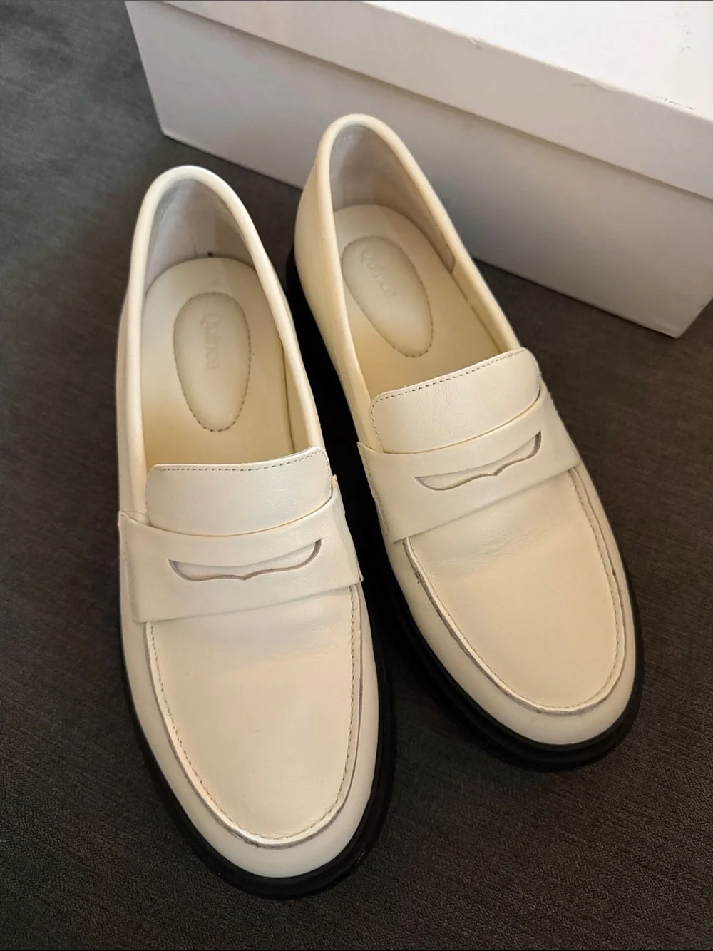 Quince Cream Leather Penny Loafers with Black Lug Sole - Picture 2 of 10